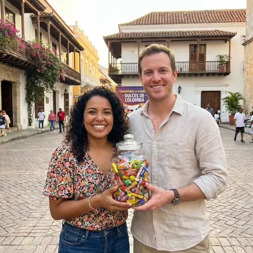 Smiling Young Couple Sharing Jar of Candies in Historic City | Website