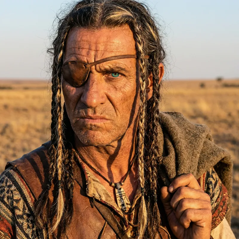 Cinematic Numidian Cavalryman with Turquoise Eyes and Braided Hair | Rugged Ranger