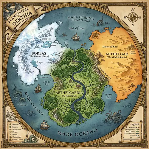 Fantasy World Map: Snow, Sand, and Rivers