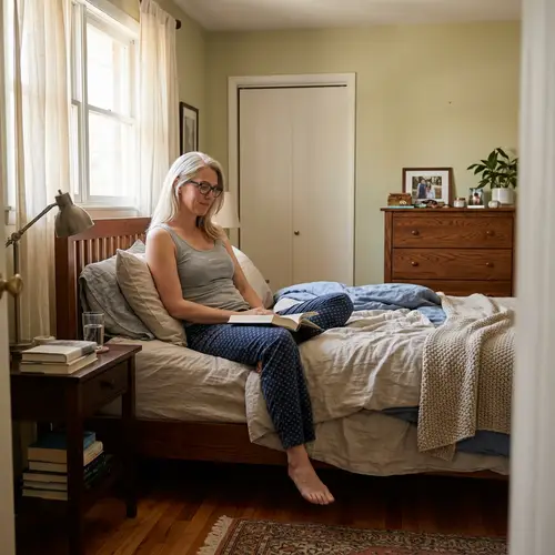 40-Year-Old Caucasian Woman in Bedroom Setting with Glasses
