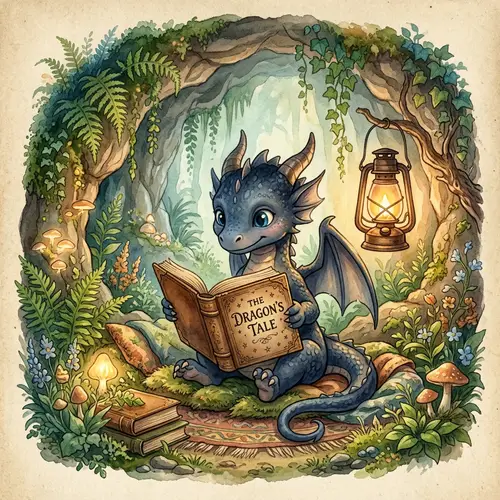 Cute Dragon Reading Book in Lantern-Lit Cavern