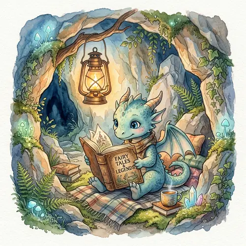 Charming Baby Dragon Reading Book by Lantern Light