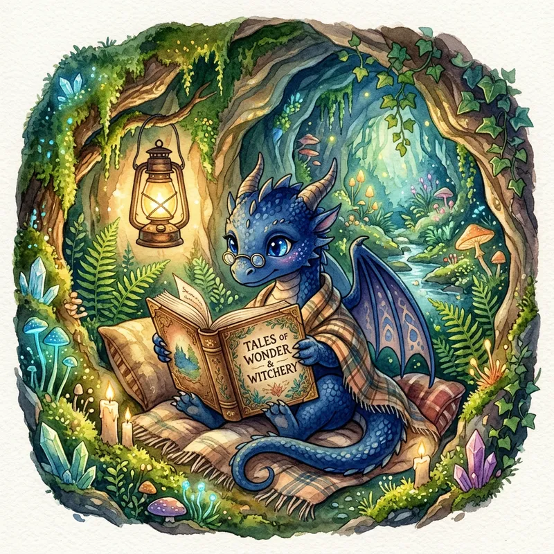 Tranquil Dragon Reading in Lush Cavern | Magical Watercolor Art