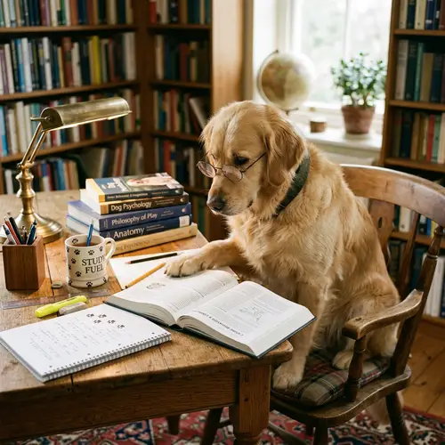 Smart Dog Studying - Educational Scene with Books and Stationery