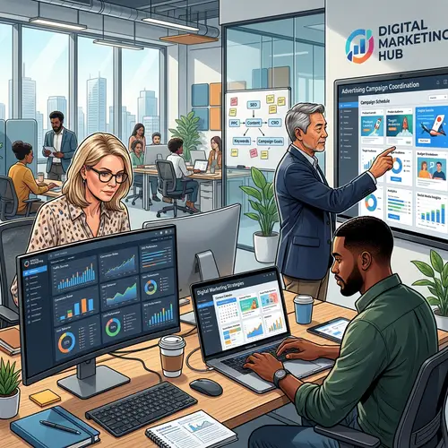 Digital Illustration of Diverse Professionals in Modern Office Environment