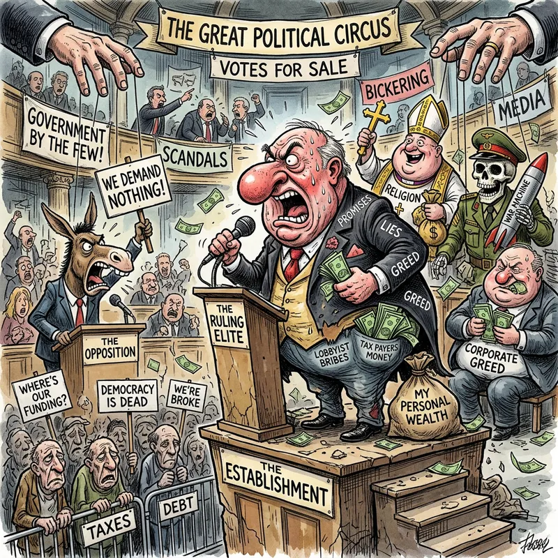 Political Satirical Cartoons with Exaggerated Caricatures