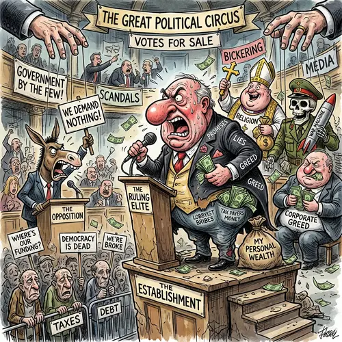 Political Satirical Cartoons with Exaggerated Caricatures