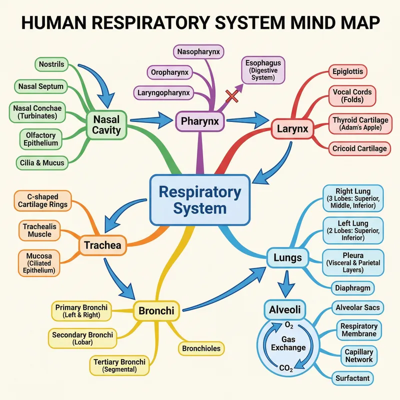 Mind Map of Human Respiratory System - Anatomy Overview