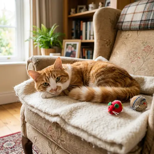 Fluffy Orange & White Cat Relaxing in Cozy Home Setting