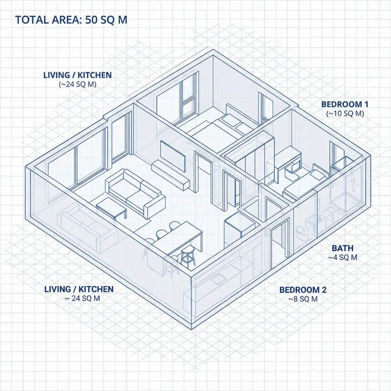 Spacious and Modern 3D House Design | 50m2, 2 Bedrooms, Contemporary Living