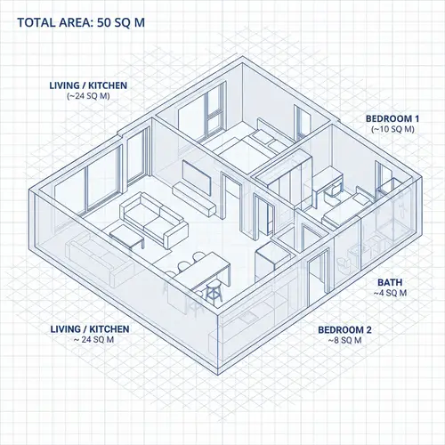 Spacious and Modern 3D House Design | 50m2, 2 Bedrooms, Open Concept
