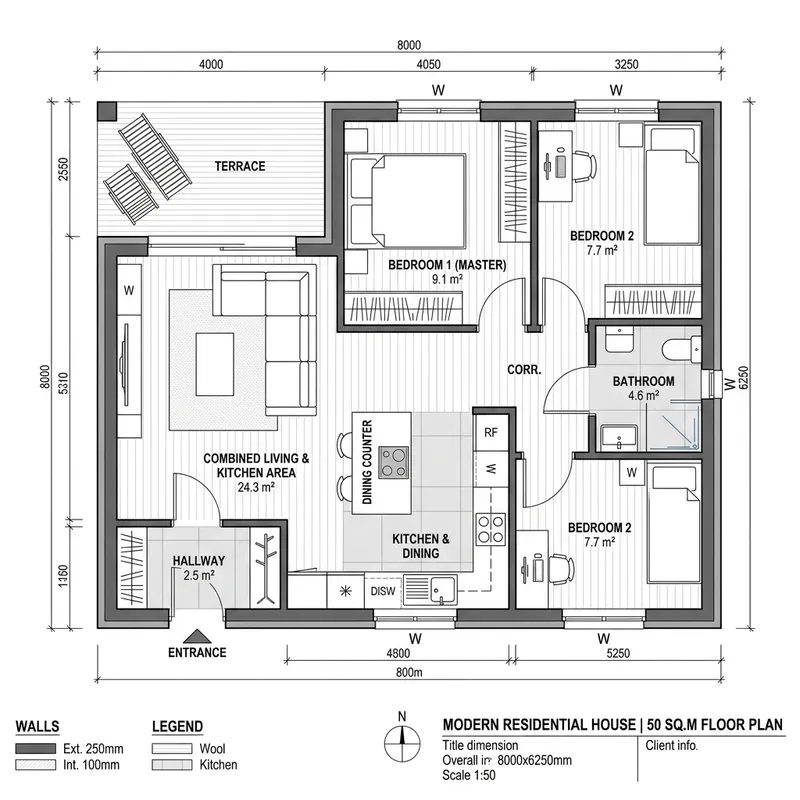 Spacious and Modern 50m2 House Design with Large Living Room