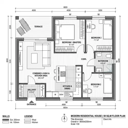 Modern and Spacious 50m2 House Design with 2 Bedrooms