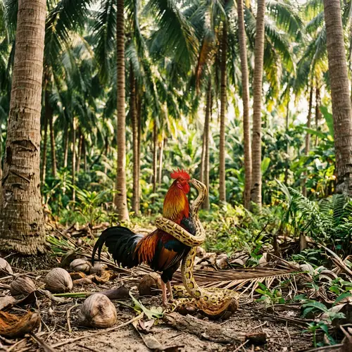 Colorful Rooster and Snake Embracing in Coconut Forest