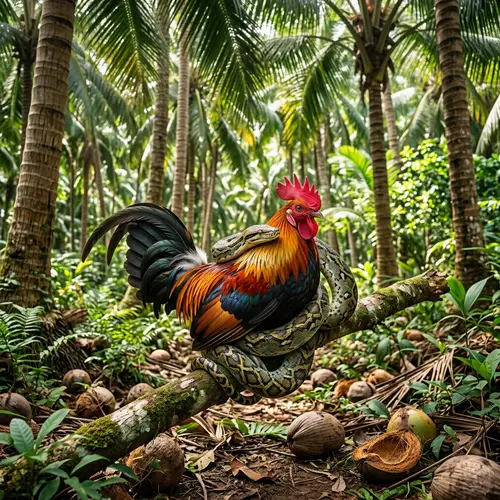 Rooster and Snake Friendship in Enchanted Coconut Forest