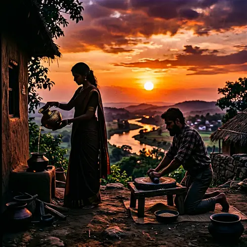 Silhouette of Woman Pouring and Man at Grindstone