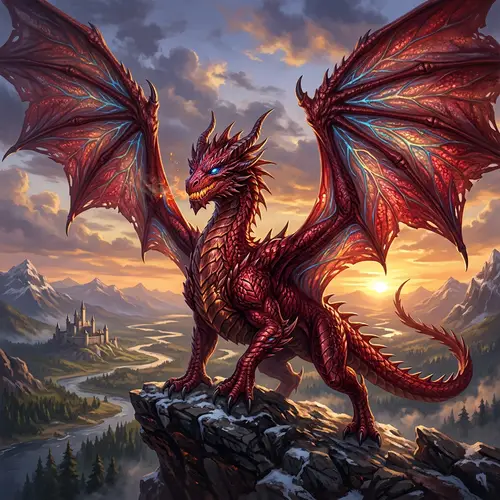 Majestic Red Dragon with Piercing Blue Eyes and Intricate Wings