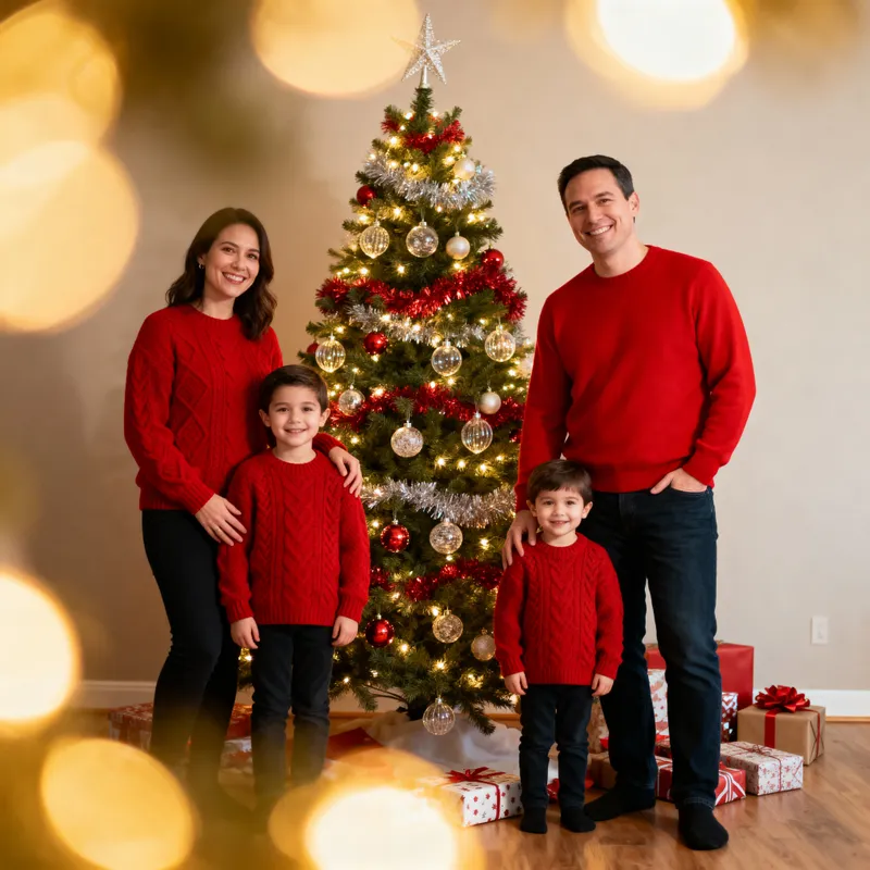 Cozy Family Christmas Photo with Twinkling Lights