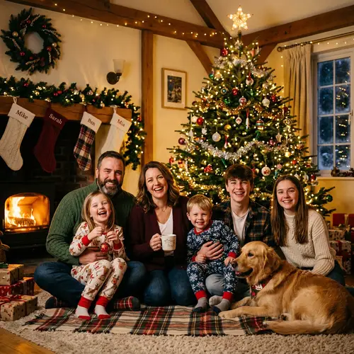 Cozy Family Christmas Photo with Twinkling Lights