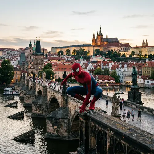 Spider Superhero on Historic Gothic Bridge in Iconic European City
