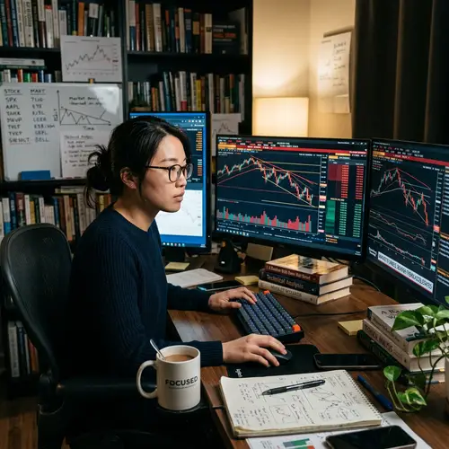Mastering Stock Market Trends: An East Asian Woman at High-Tech Station