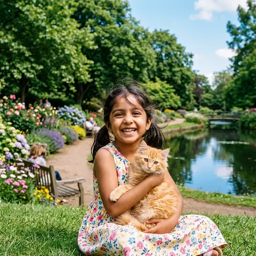 Smiling South Asian Girl with Fluffy Cat in Verdant Park