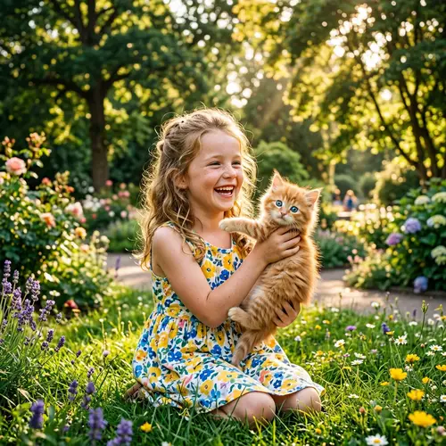 Young Girl Catching Ginger Cat in Vibrant Park