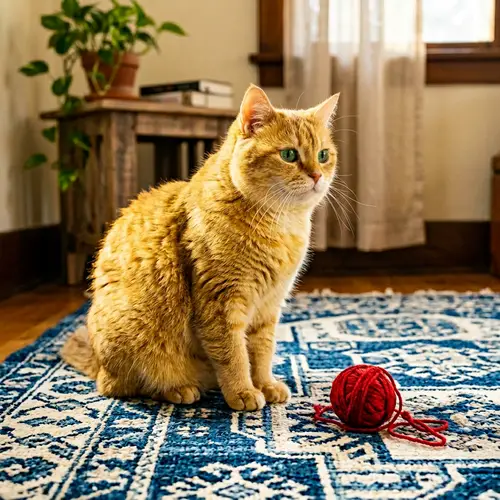 Vibrant Yellow Cat with Emerald Green Eyes | Playful Feline on a Blue-White Rug