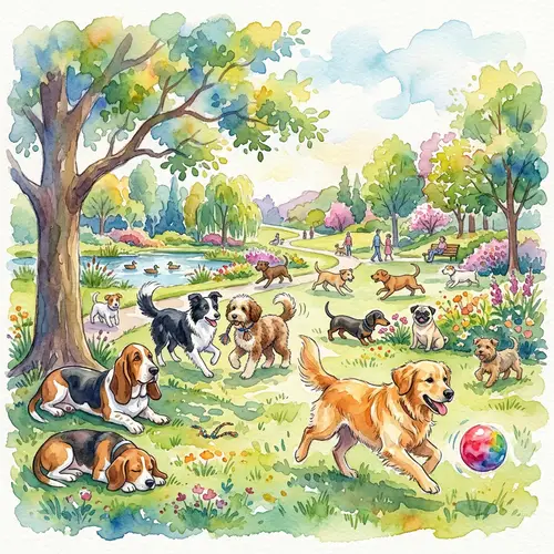 Playful Dogs in Park - Watercolor Painting