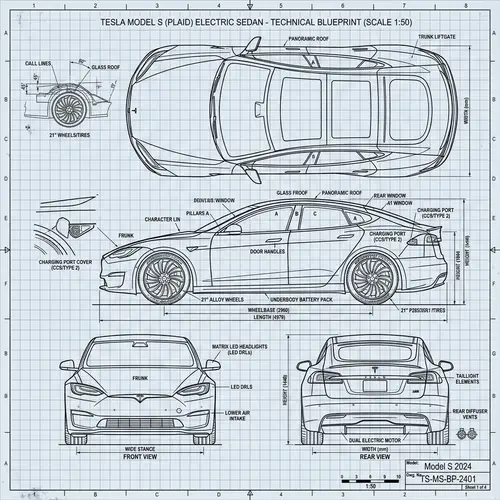 Tesla Model S Blueprint: Top, Side, Front & Back Views