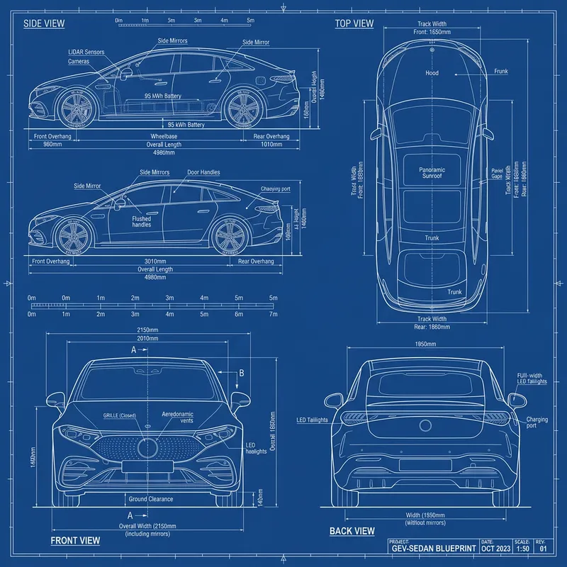 Electric Sedan Blueprint: Side, Front, Back & Top Views