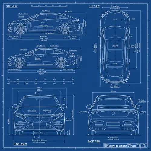 Tesla Model S Blueprint: Side, Front, Back & Top Views