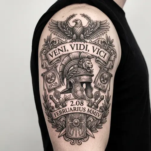 Classical Tattoo Design with 'Veni Vidi Vici' Phrase | 2.08 Incorporation