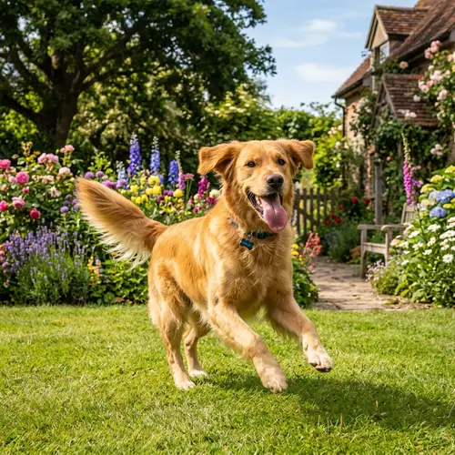 Playful Golden Dog in Lush Garden | Cheerful Scene