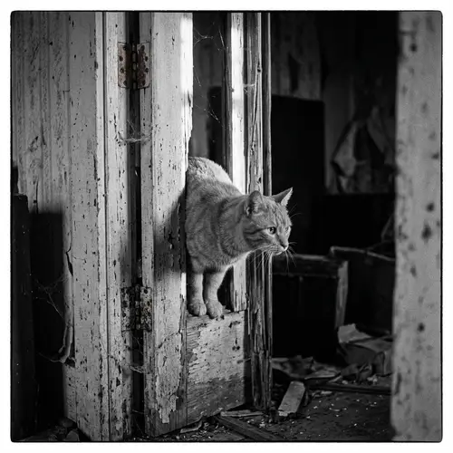 Curious Orange Cat Squeezing Through Abandoned House Door