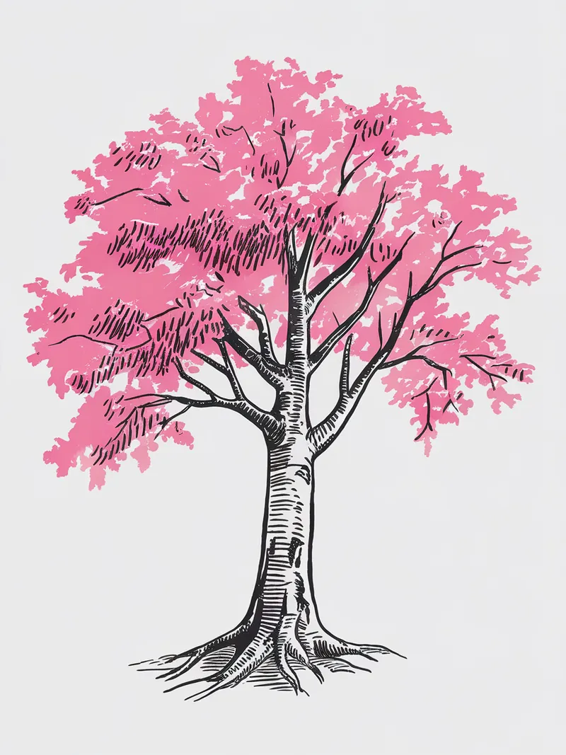 Stylized Tree Drawing: Black & Pink Art
