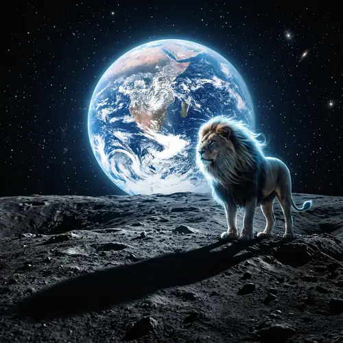 Majestic Lion on Moon: Etherial Scene with Earthlight