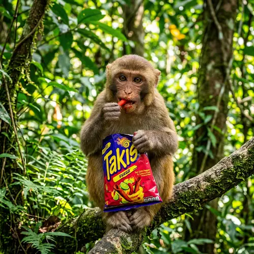 Playful South Asian Monkey Enjoying Takis