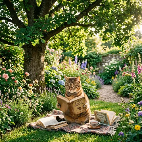 Astute Cat Reading in Garden | Captivating Scene
