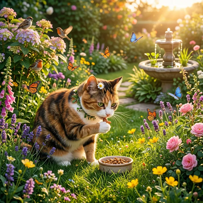 Cat Eating in Garden - Tranquil Domestic Feline Life