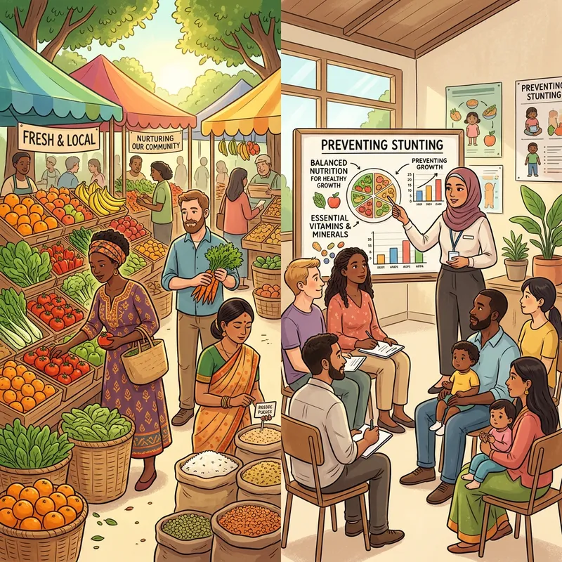 Food Security & Stunting Prevention: Diverse Marketplace Illustration Food Security & Stunting Prevention: Diverse Marketplace Illustration