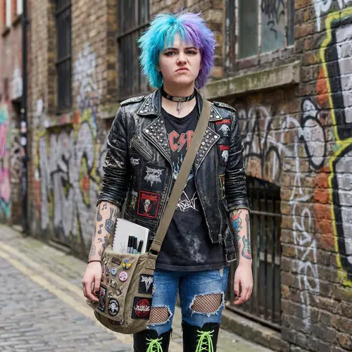Edgy Rebellious Woman with Cyan Hair and Rocker Style