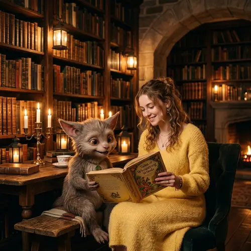 Tranquil Library Encounter: Woman and Beast Lost in Story