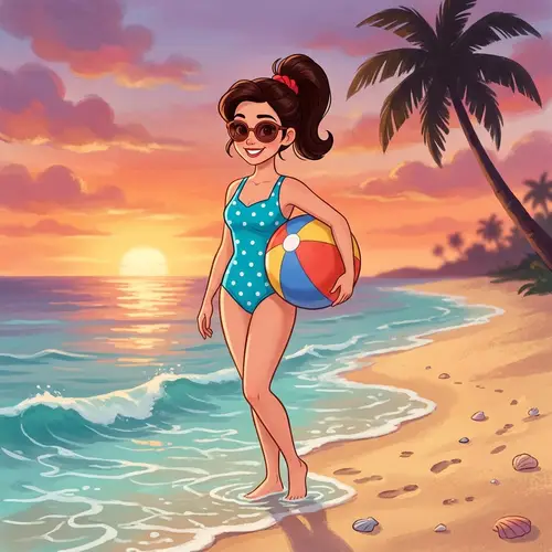 Disney Style Woman in One-Piece Swimsuit on Sandy Beach