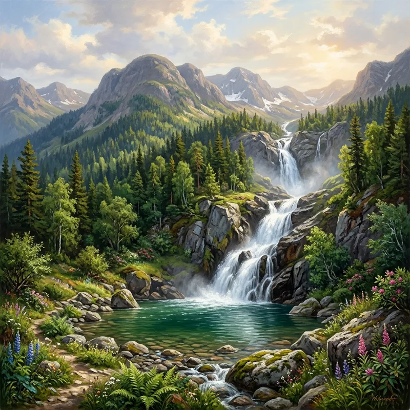 Beautiful Mountainous Area with Waterfalls - Scenic Art