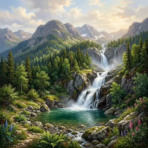 Beautiful Mountainous Area with Waterfalls - Scenic Art
