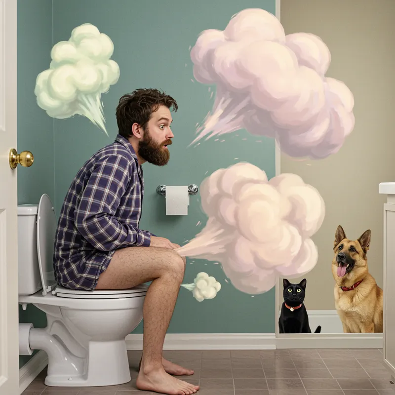 Funny Bathroom Moment: Man, Pets & Fart Clouds
