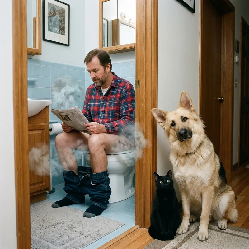 Funny Bathroom Moment: Man, Pets & Fart Clouds