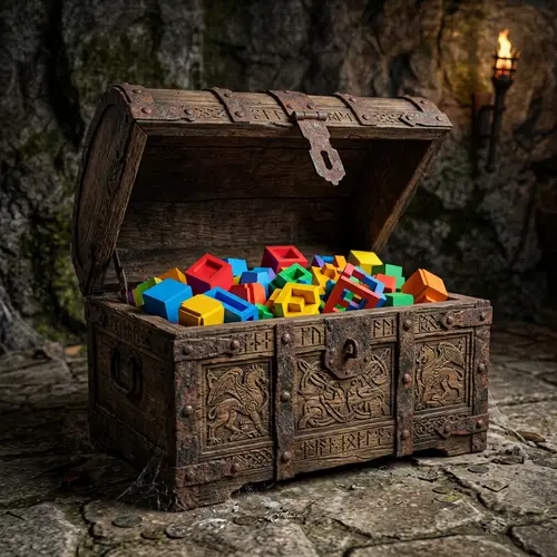 Intricately Carved Wooden Treasure Chest with Geometric Objects