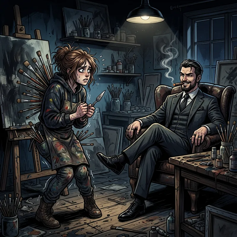 Dark Webtoon Scene: Artist and Villain Encounter